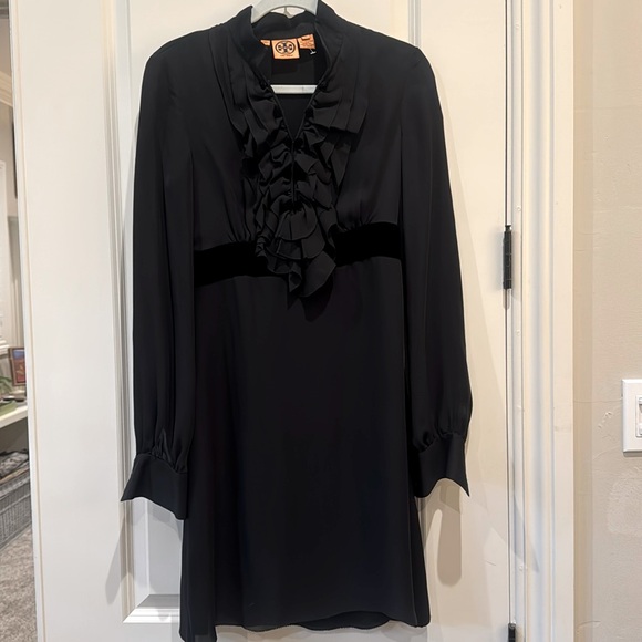 Tory Burch Black Silk Dress w/ Ruffle Frontand Velvet Waistband